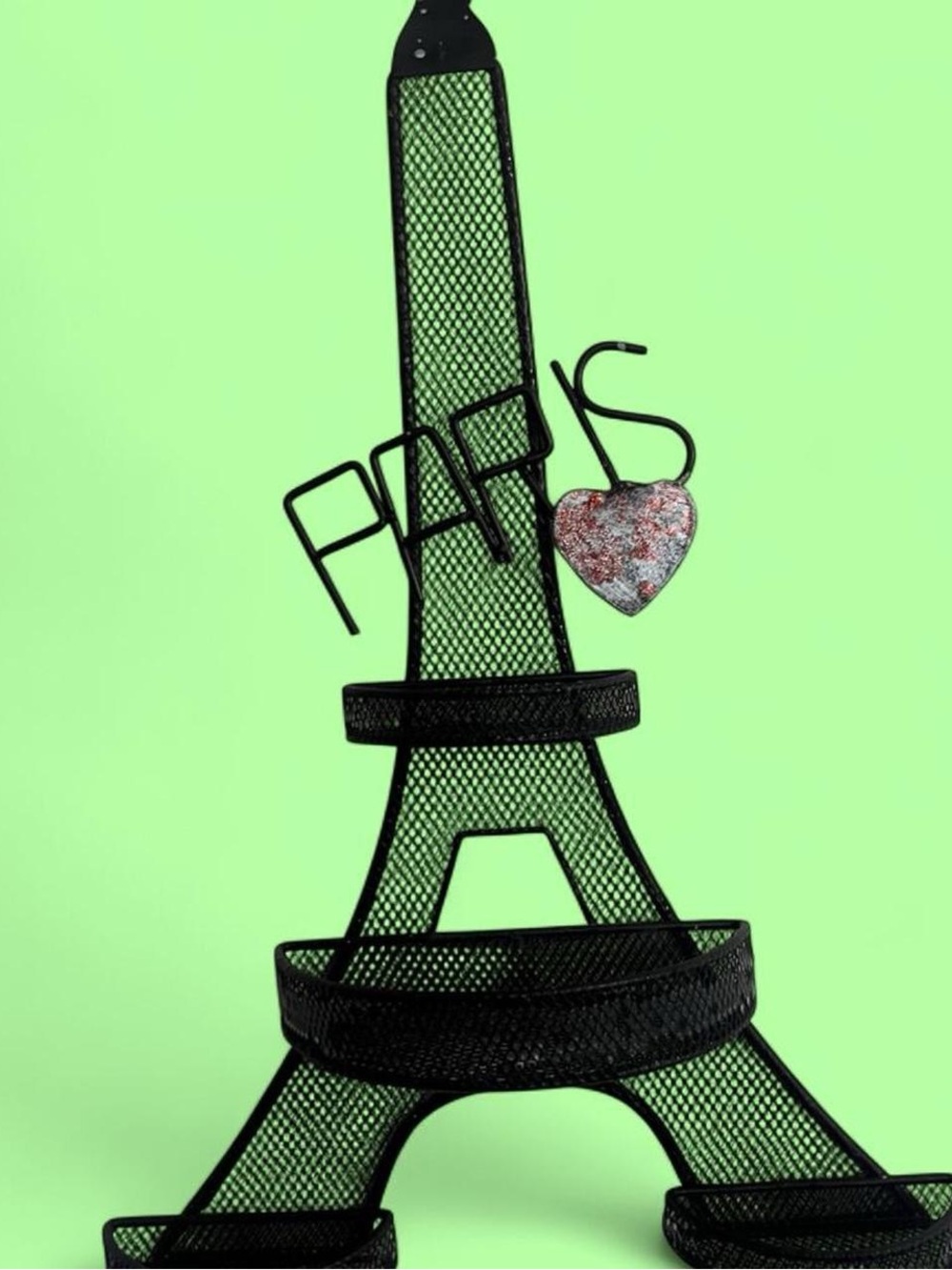 Women’s Black Mesh Eiffel Jewelry Stand with Red Heart Charm